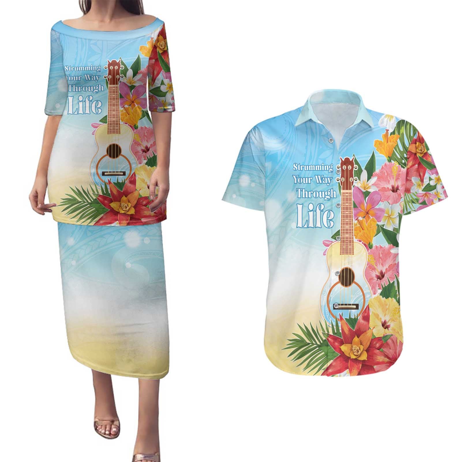 National Ukulele Day Couples Matching Puletasi and Hawaiian Shirt Tropical Vibe