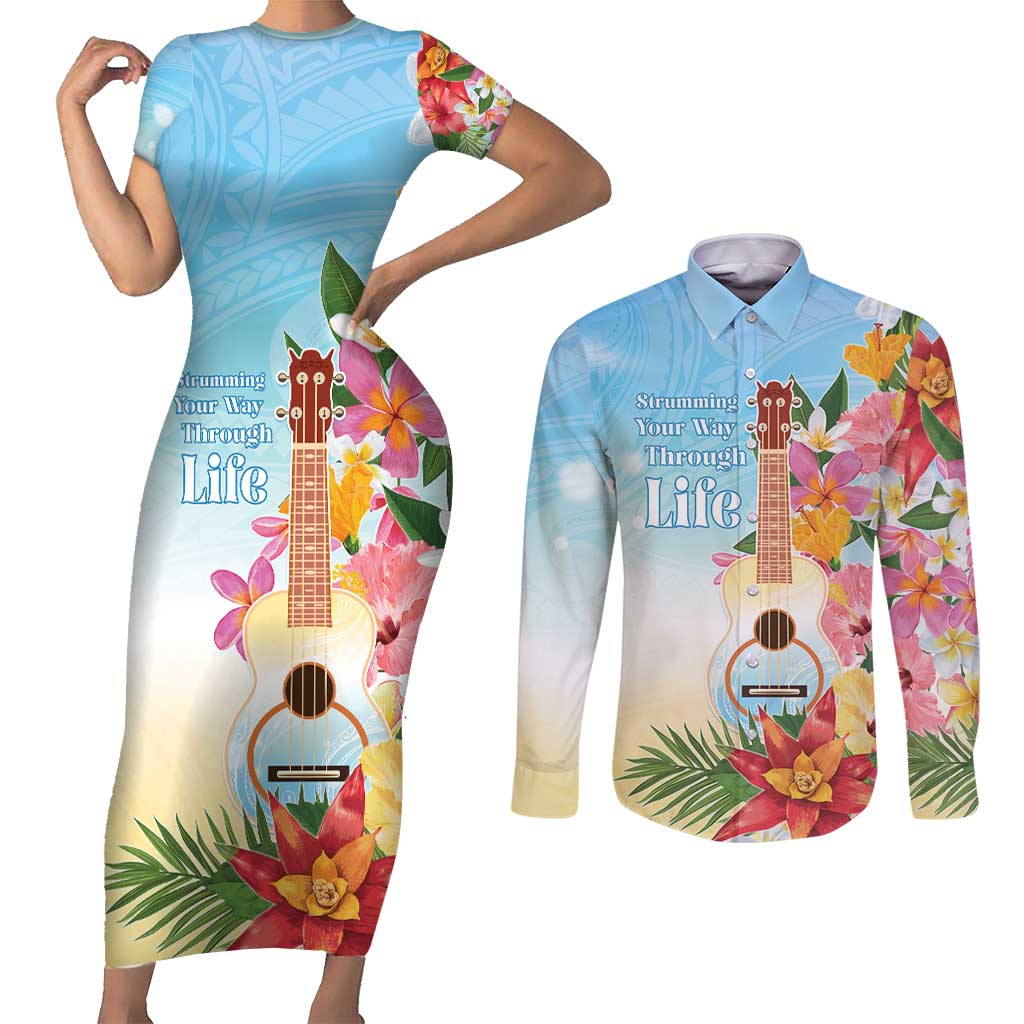 National Ukulele Day Couples Matching Short Sleeve Bodycon Dress and Long Sleeve Button Shirt Tropical Vibe