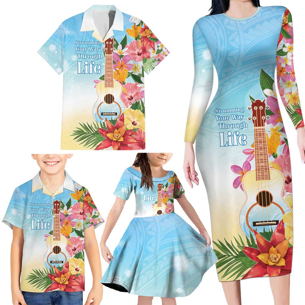 National Ukulele Day Family Matching Long Sleeve Bodycon Dress and Hawaiian Shirt Tropical Vibe