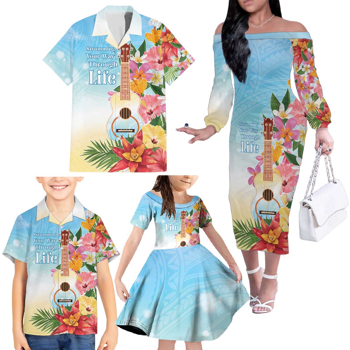 National Ukulele Day Family Matching Off The Shoulder Long Sleeve Dress and Hawaiian Shirt Tropical Vibe