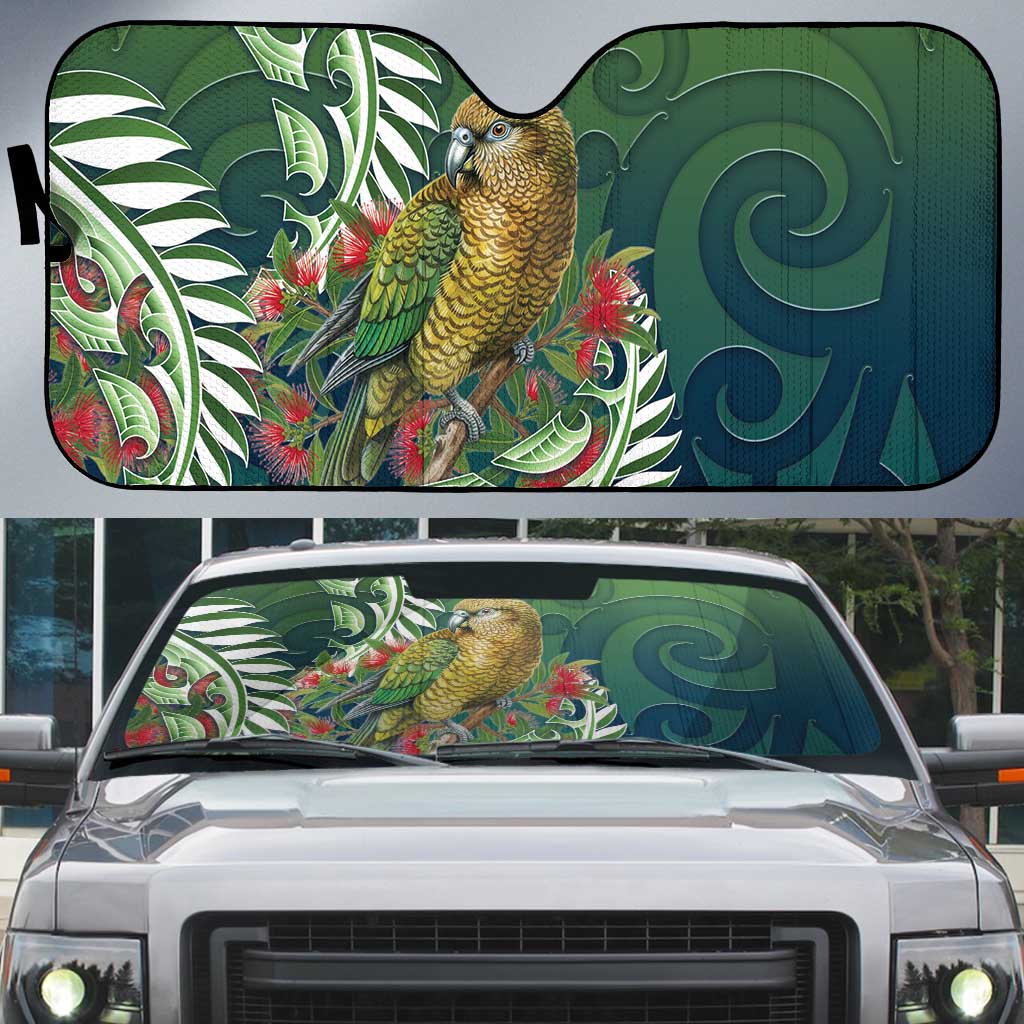 New Zealand Kea Bird Auto Sun Shade With Maori Koru Fern - Polynesian Pride