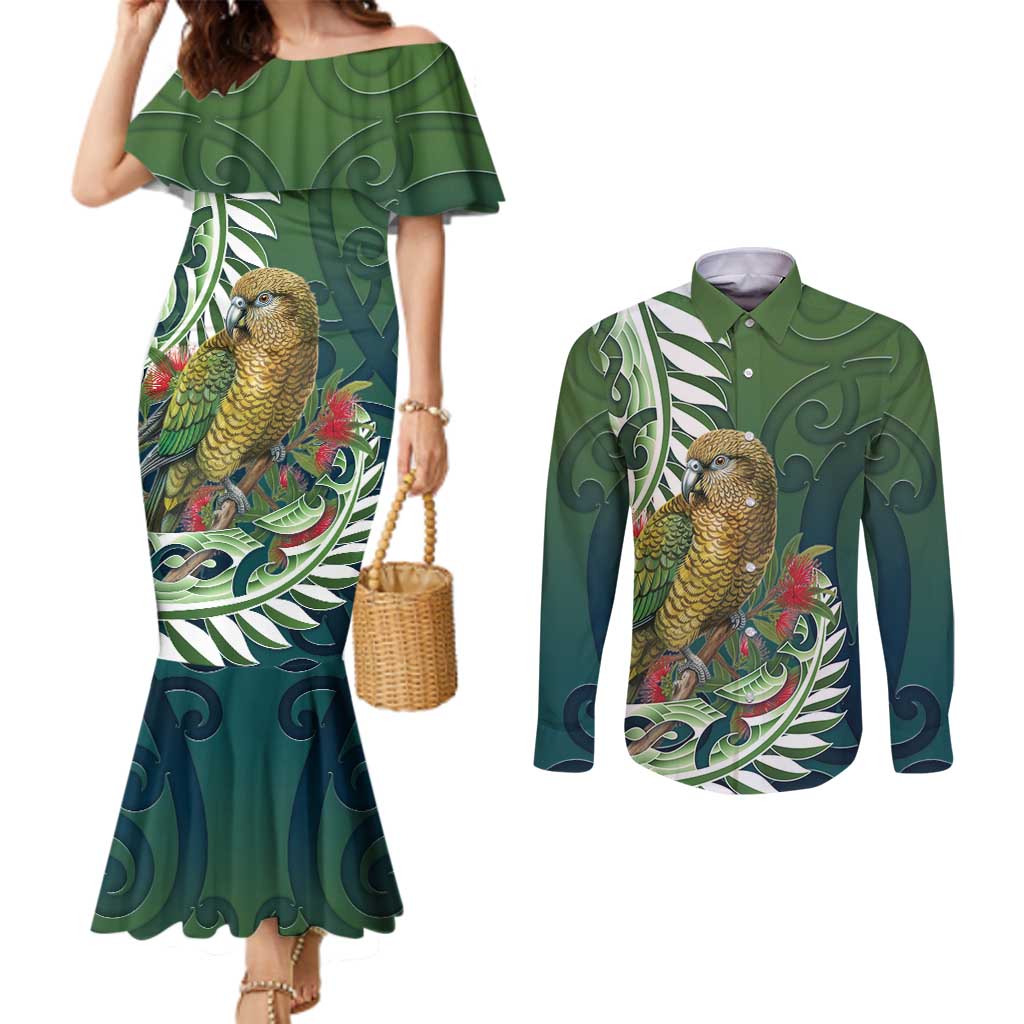 New Zealand Kea Bird Couples Matching Mermaid Dress and Long Sleeve Button Shirt With Maori Koru Fern - Polynesian Pride