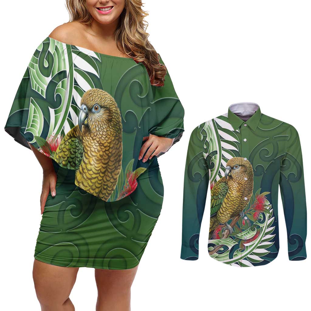 New Zealand Kea Bird Couples Matching Off Shoulder Short Dress and Long Sleeve Button Shirt With Maori Koru Fern - Polynesian Pride
