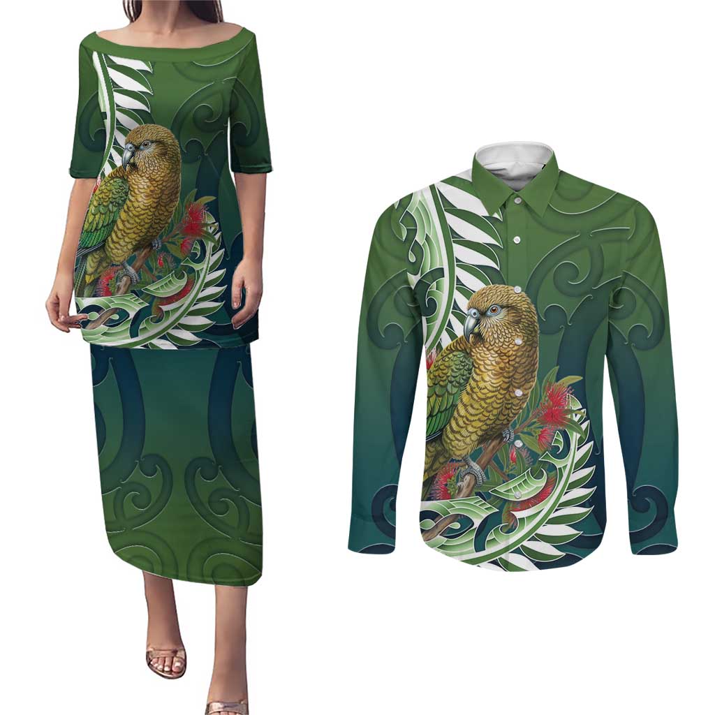 New Zealand Kea Bird Couples Matching Puletasi and Long Sleeve Button Shirt With Maori Koru Fern - Polynesian Pride