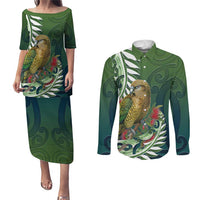 New Zealand Kea Bird Couples Matching Puletasi and Long Sleeve Button Shirt With Maori Koru Fern - Polynesian Pride