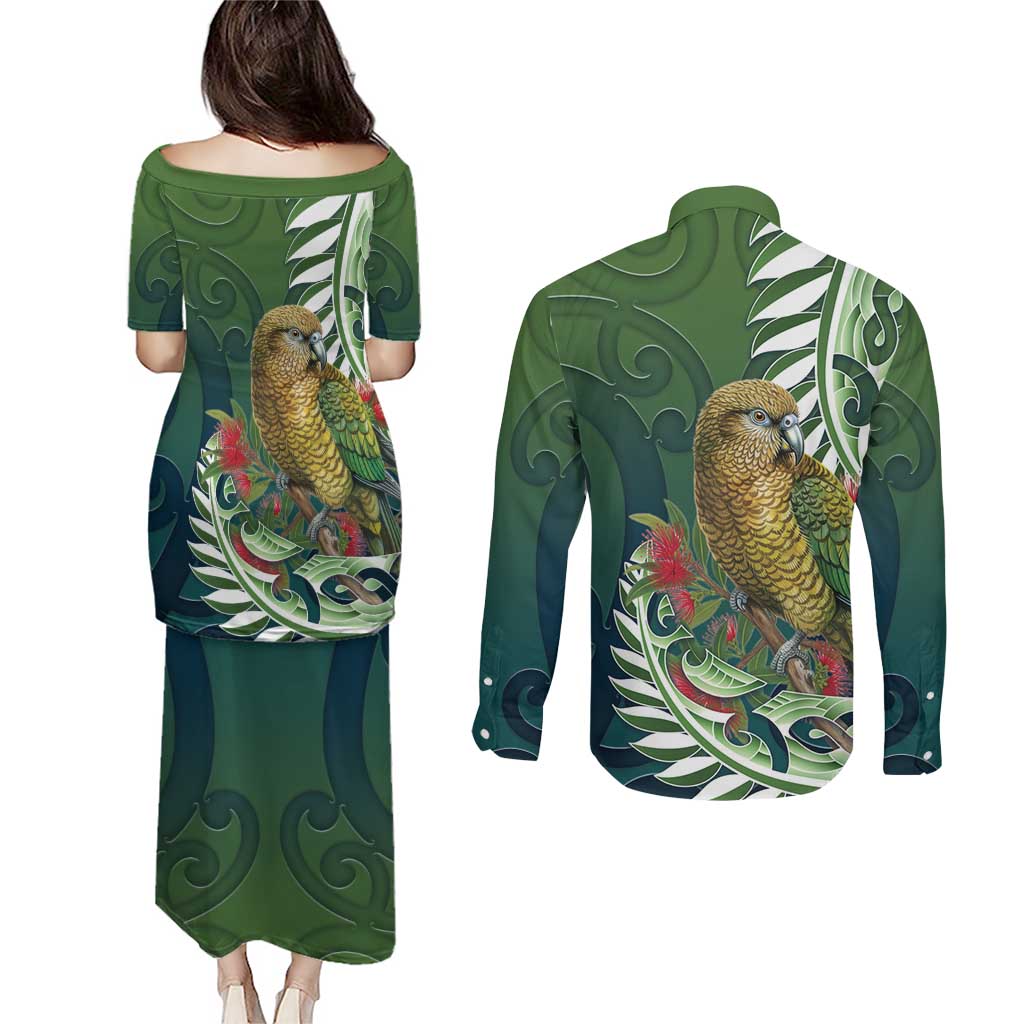 New Zealand Kea Bird Couples Matching Puletasi and Long Sleeve Button Shirt With Maori Koru Fern - Polynesian Pride