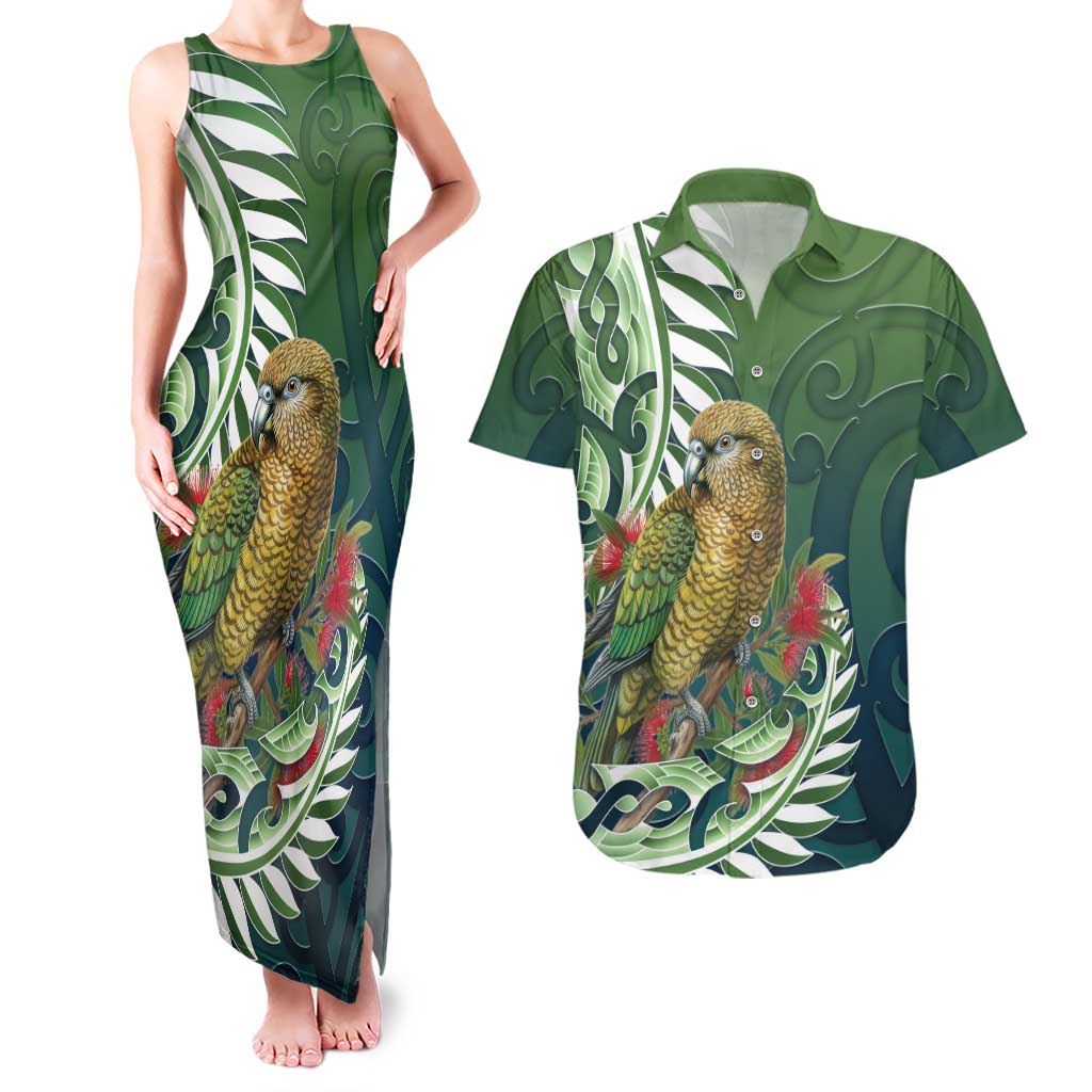 New Zealand Kea Bird Couples Matching Tank Maxi Dress and Hawaiian Shirt With Maori Koru Fern - Polynesian Pride