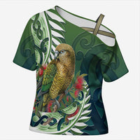New Zealand Kea Bird Cross Shoulder Shirt With Maori Koru Fern LT05 Female Green - Polynesian Pride