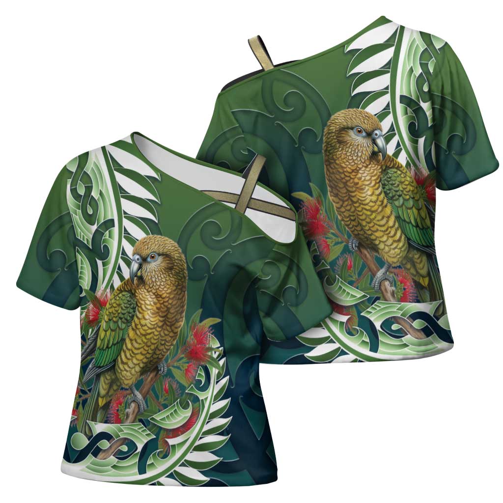 New Zealand Kea Bird Cross Shoulder Shirt With Maori Koru Fern LT05 - Polynesian Pride