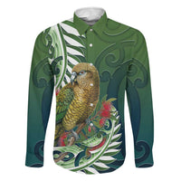 New Zealand Kea Bird Family Matching Long Sleeve Bodycon Dress and Hawaiian Shirt With Maori Koru Fern LT05 Dad's Shirt - Long Sleeve Green - Polynesian Pride