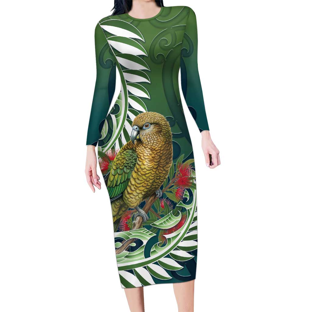 New Zealand Kea Bird Family Matching Long Sleeve Bodycon Dress and Hawaiian Shirt With Maori Koru Fern LT05 Mom's Dress Green - Polynesian Pride