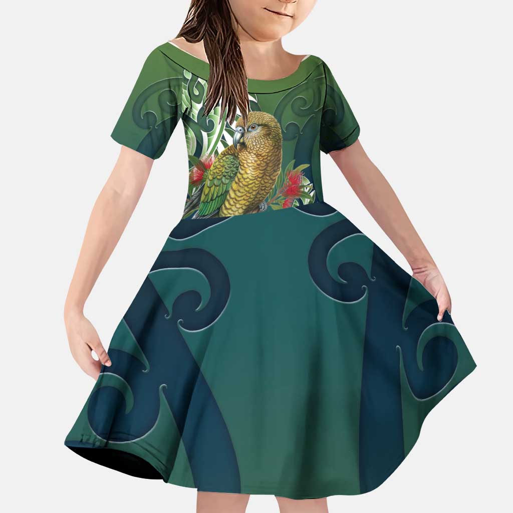 New Zealand Kea Bird Family Matching Tank Maxi Dress and Hawaiian Shirt With Maori Koru Fern LT05 Daughter's Dress Green - Polynesian Pride