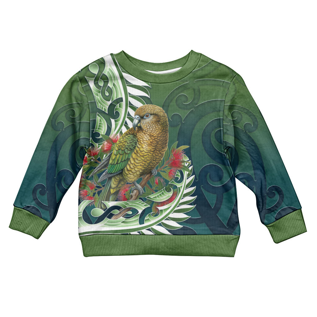 New Zealand Kea Bird Kid Ugly Christmas Sweater With Maori Koru Fern LT05 Kid Green - Polynesian Pride