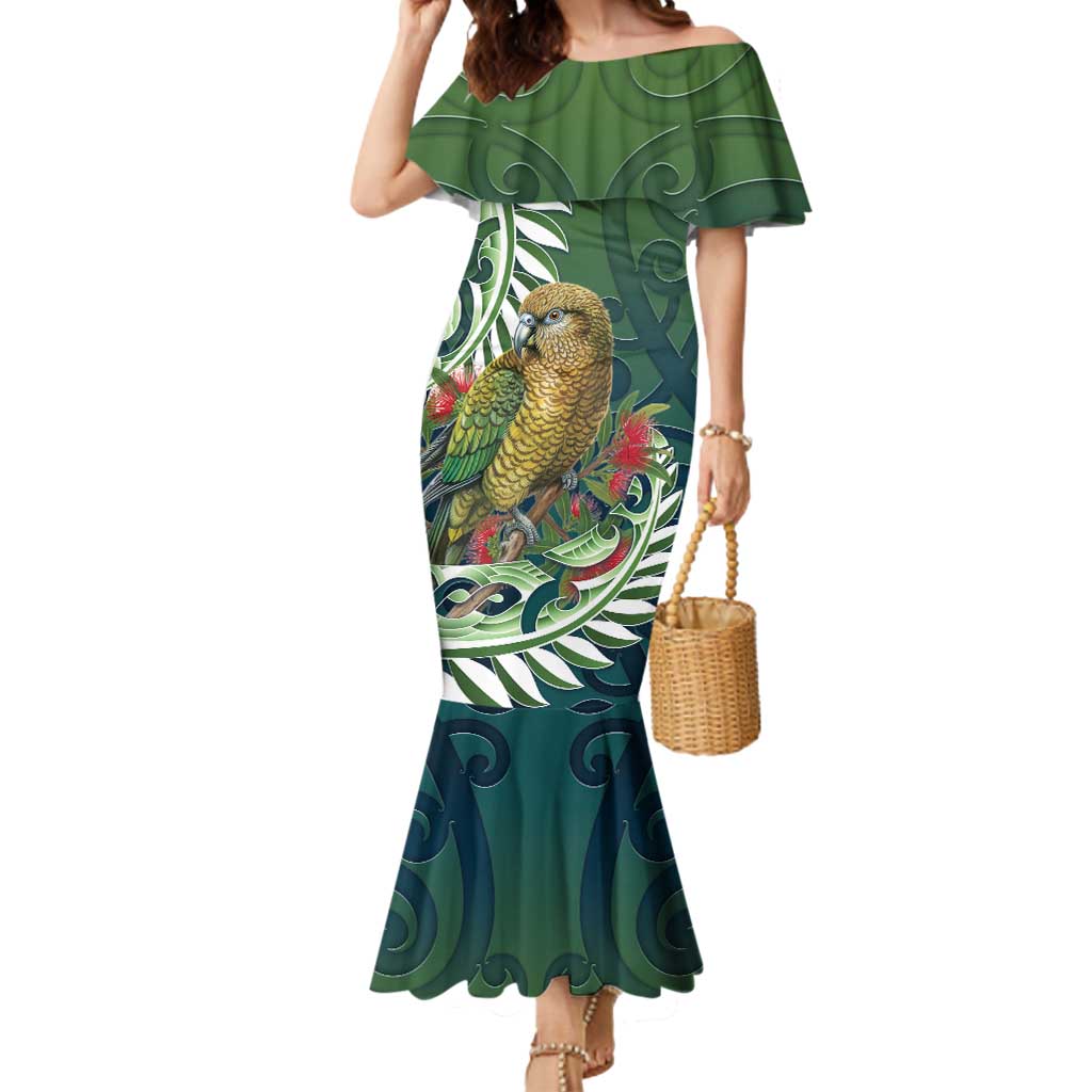 New Zealand Kea Bird Mermaid Dress With Maori Koru Fern - Polynesian Pride