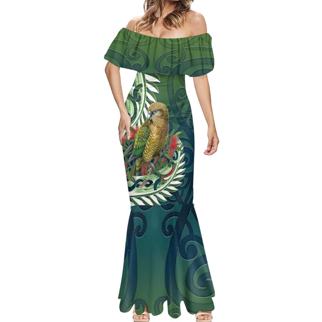 New Zealand Kea Bird Mermaid Dress With Maori Koru Fern - Polynesian Pride