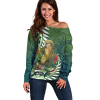 New Zealand Kea Bird Off Shoulder Sweater With Maori Koru Fern LT05 Women Green - Polynesian Pride