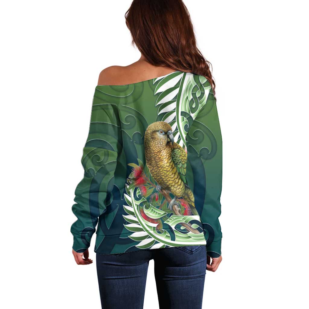 New Zealand Kea Bird Off Shoulder Sweater With Maori Koru Fern LT05 - Polynesian Pride