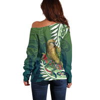 New Zealand Kea Bird Off Shoulder Sweater With Maori Koru Fern LT05 - Polynesian Pride