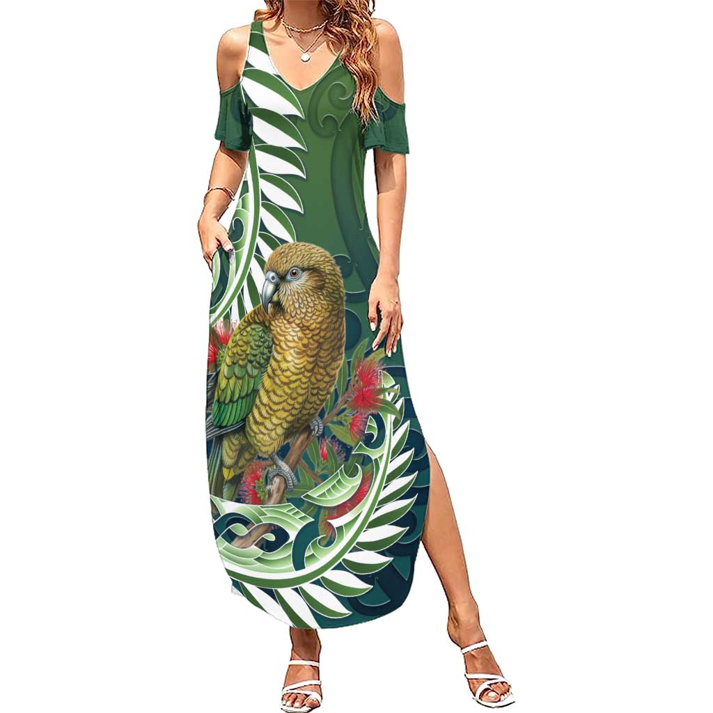 New Zealand Kea Bird Summer Maxi Dress With Maori Koru Fern - Polynesian Pride