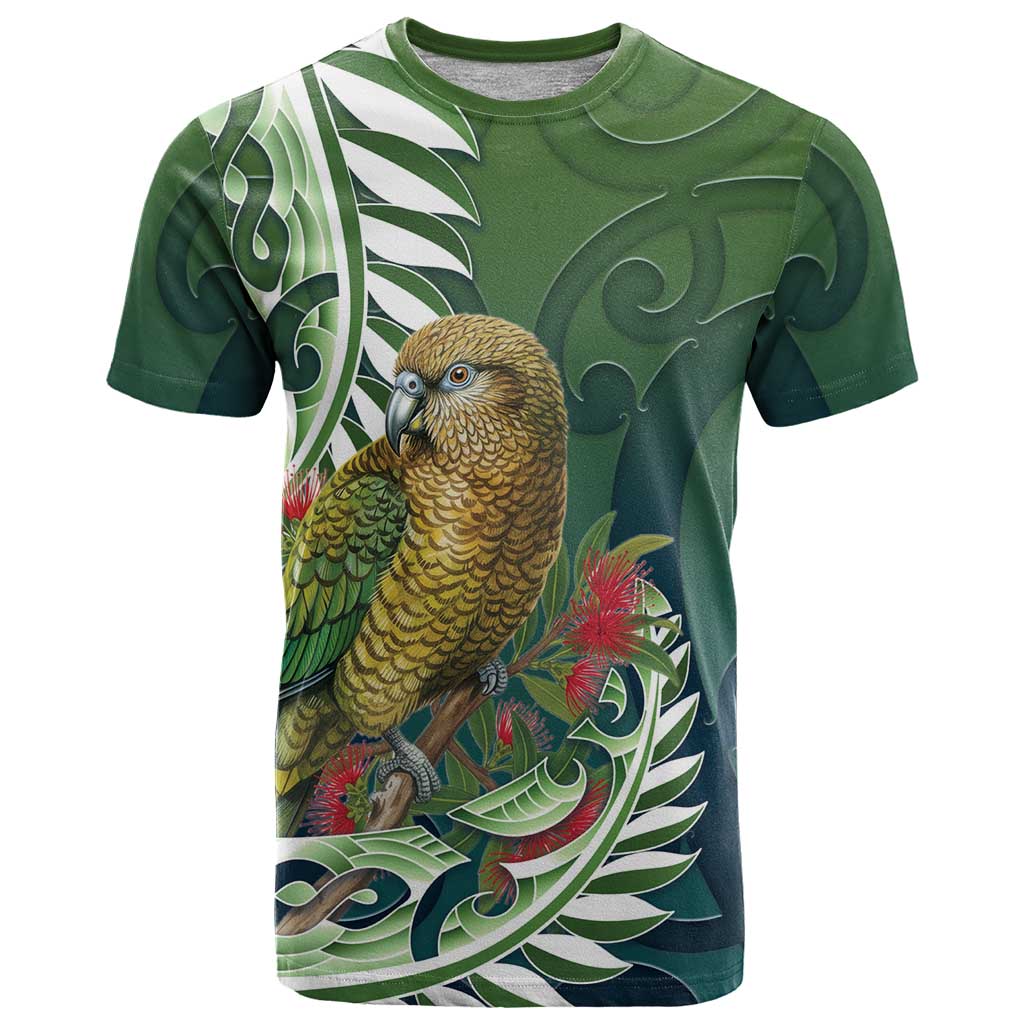 New Zealand Kea Bird T Shirt With Maori Koru Fern LT05 Green - Polynesian Pride