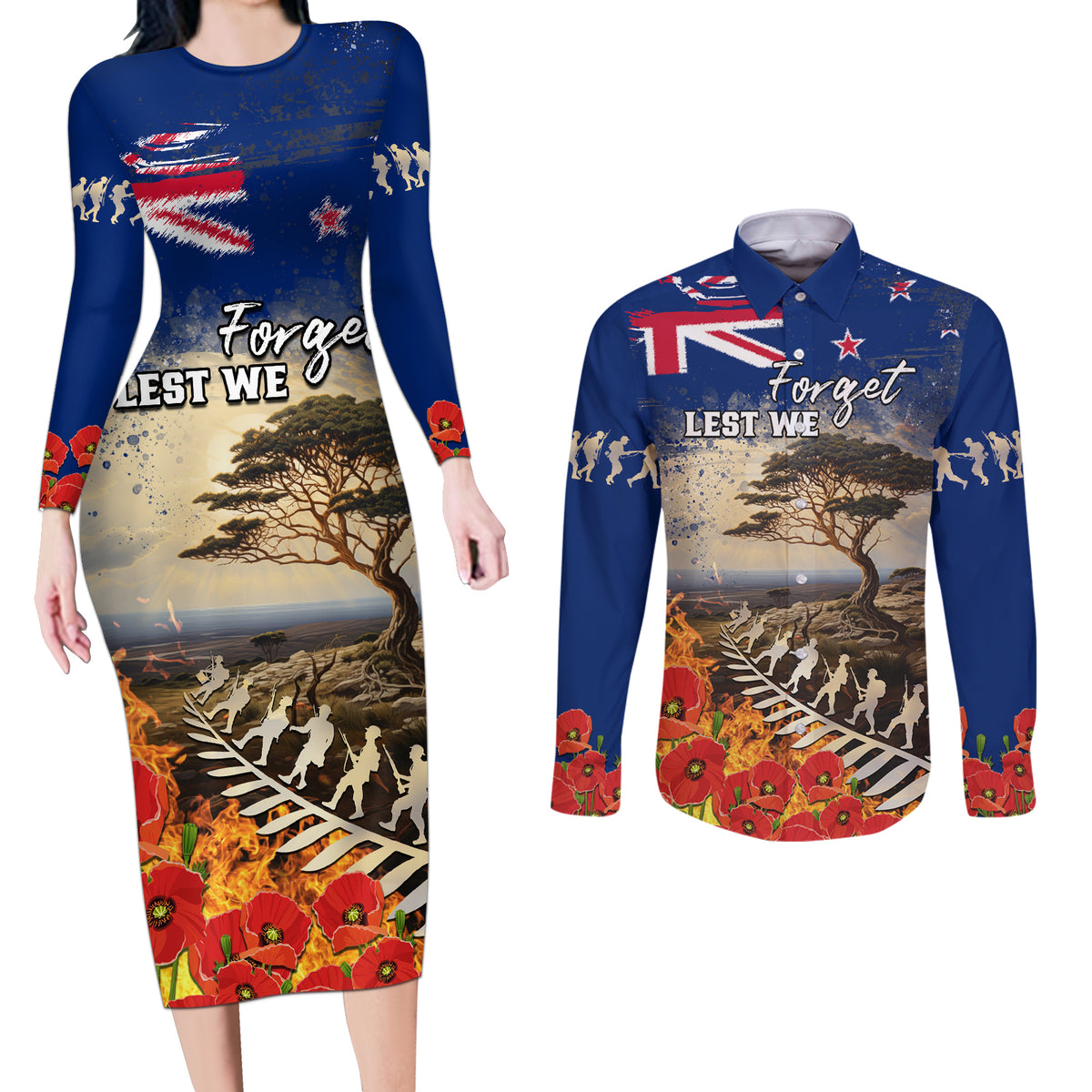 New Zealand ANZAC Day Couples Matching Long Sleeve Bodycon Dress and Long Sleeve Button Shirt The Lonesome Pine With Soldier Fern LT05 Blue - Polynesian Pride