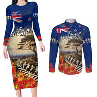 New Zealand ANZAC Day Couples Matching Long Sleeve Bodycon Dress and Long Sleeve Button Shirt The Lonesome Pine With Soldier Fern LT05 Blue - Polynesian Pride