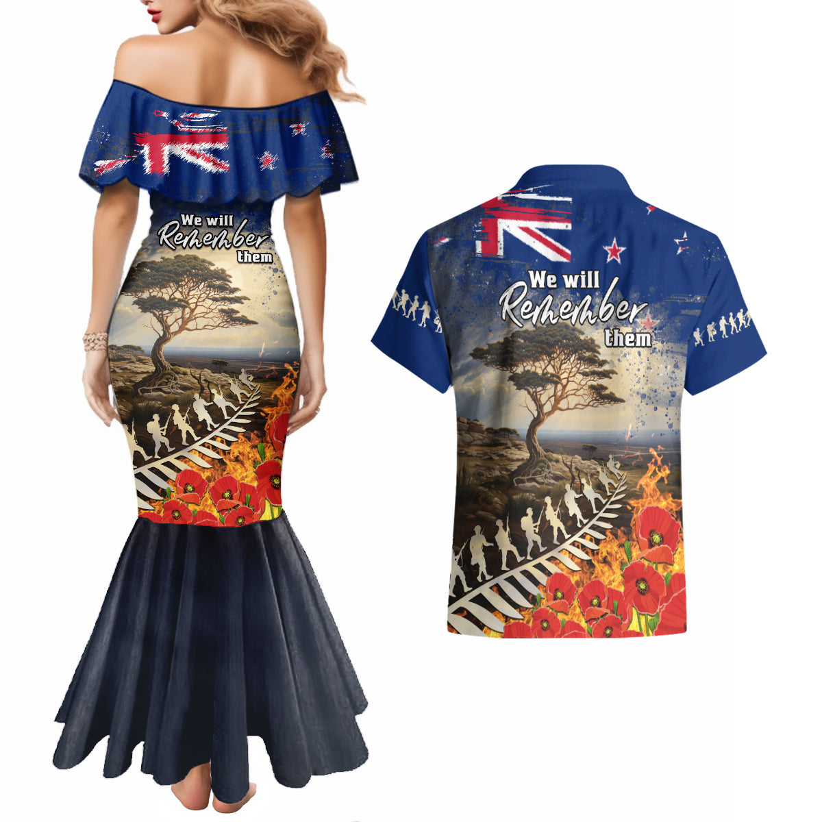 New Zealand ANZAC Day Couples Matching Mermaid Dress and Hawaiian Shirt The Lonesome Pine With Soldier Fern LT05 - Polynesian Pride