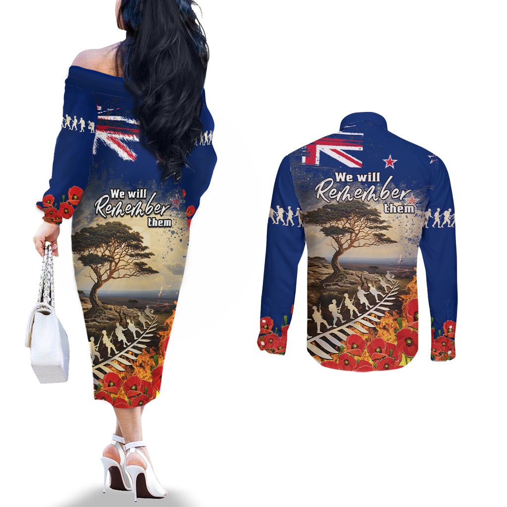 New Zealand ANZAC Day Couples Matching Off The Shoulder Long Sleeve Dress and Long Sleeve Button Shirt The Lonesome Pine With Soldier Fern LT05 - Polynesian Pride