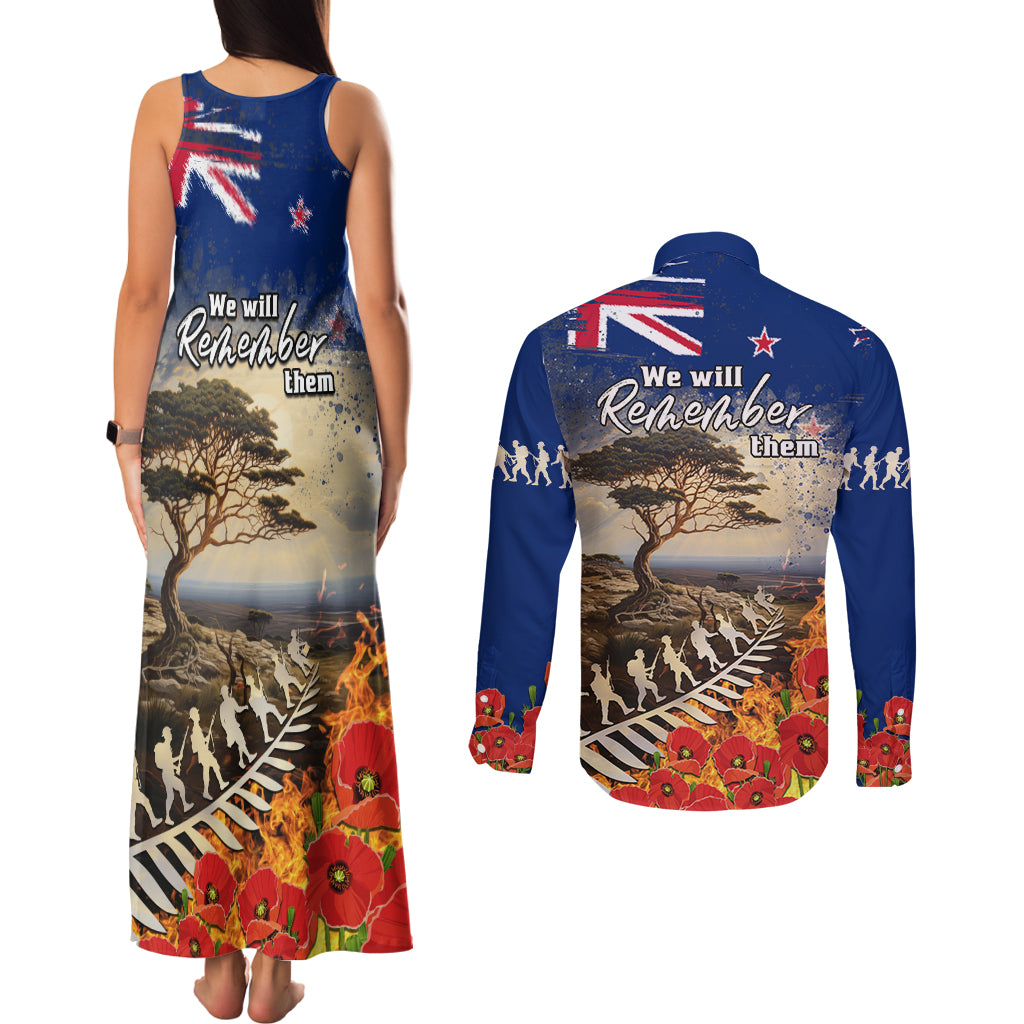 New Zealand ANZAC Day Couples Matching Tank Maxi Dress and Long Sleeve Button Shirt The Lonesome Pine With Soldier Fern LT05 - Polynesian Pride