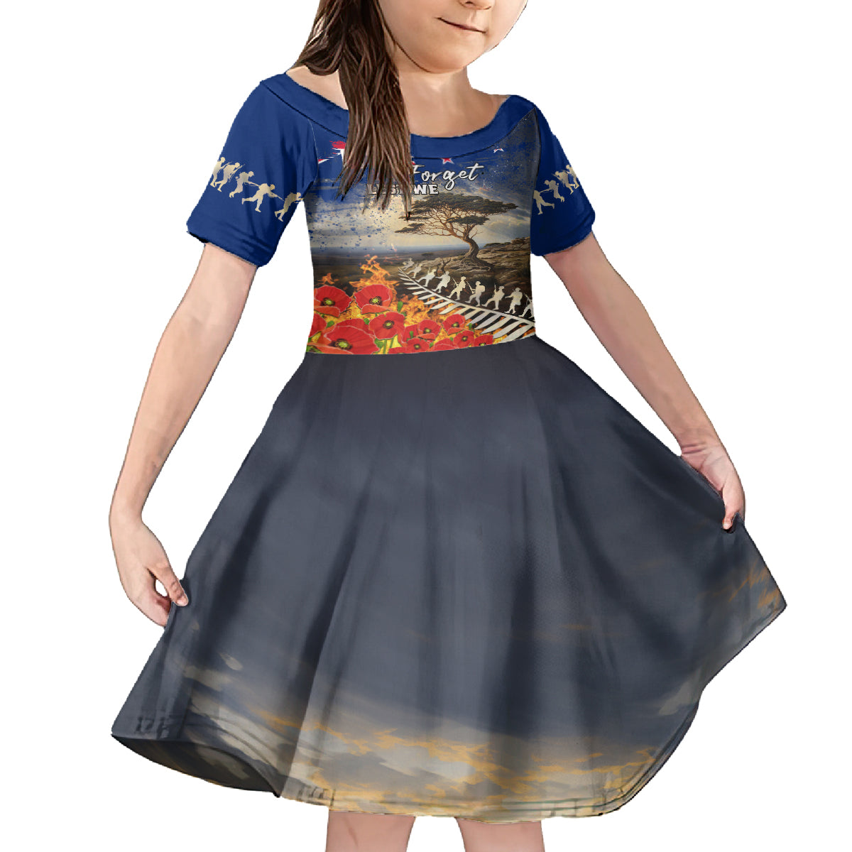 New Zealand ANZAC Day Family Matching Off Shoulder Short Dress and Hawaiian Shirt The Lonesome Pine With Soldier Fern LT05 Daughter's Dress Blue - Polynesian Pride