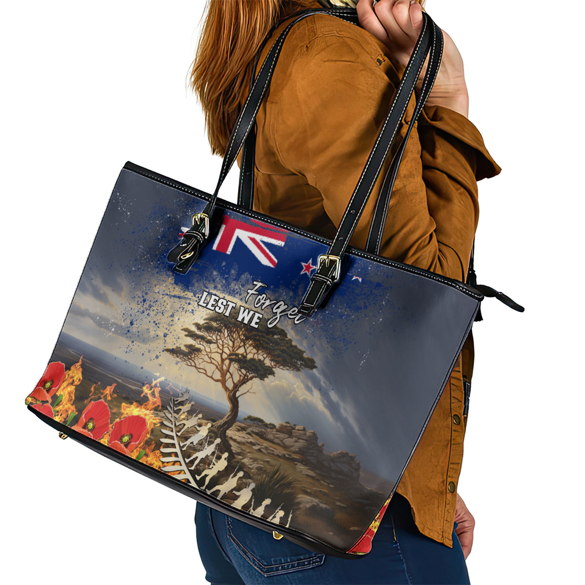 New Zealand ANZAC Day Leather Tote Bag The Lonesome Pine With Soldier Fern LT05 - Polynesian Pride