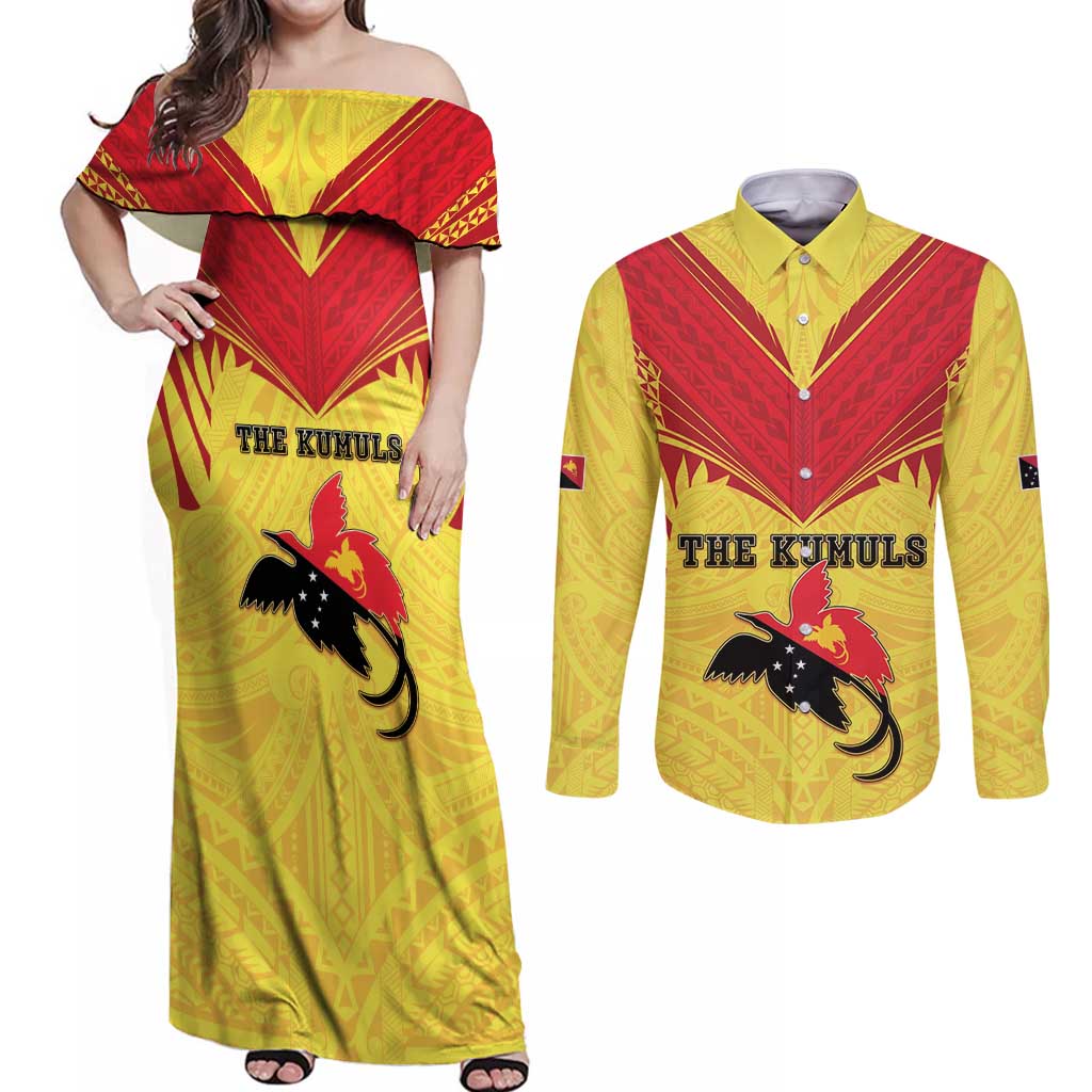 Papua New Guinea Rugby Custom Couples Matching Off Shoulder Maxi Dress and Long Sleeve Button Shirt Kumuls Heritage LT05 Yellow - Polynesian Pride