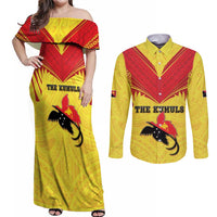 Papua New Guinea Rugby Custom Couples Matching Off Shoulder Maxi Dress and Long Sleeve Button Shirt Kumuls Heritage LT05 Yellow - Polynesian Pride