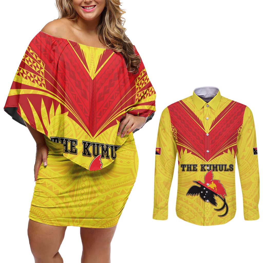Papua New Guinea Rugby Custom Couples Matching Off Shoulder Short Dress and Long Sleeve Button Shirt Kumuls Heritage LT05 Yellow - Polynesian Pride