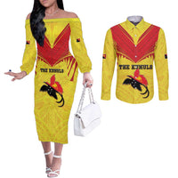 Papua New Guinea Rugby Custom Couples Matching Off The Shoulder Long Sleeve Dress and Long Sleeve Button Shirt Kumuls Heritage LT05 Yellow - Polynesian Pride