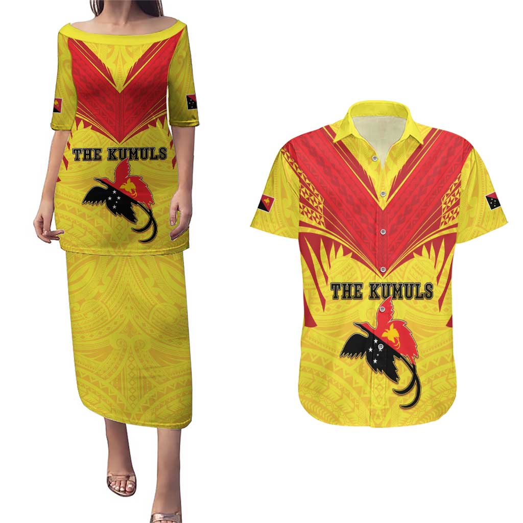 Papua New Guinea Rugby Custom Couples Matching Puletasi and Hawaiian Shirt Kumuls Heritage LT05 Yellow - Polynesian Pride