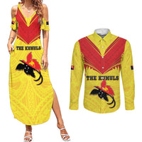 Papua New Guinea Rugby Custom Couples Matching Summer Maxi Dress and Long Sleeve Button Shirt Kumuls Heritage LT05 Yellow - Polynesian Pride