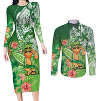 Aloha Hawaii St Patrick's Day Couples Matching Long Sleeve Bodycon Dress and Long Sleeve Button Shirt Polynesian Style