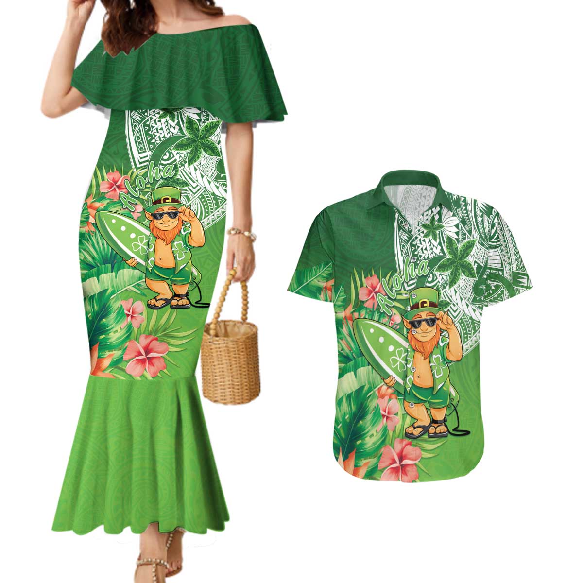 Aloha Hawaii St Patrick's Day Couples Matching Mermaid Dress and Hawaiian Shirt Polynesian Style