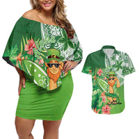 Aloha Hawaii St Patrick's Day Couples Matching Off Shoulder Short Dress and Hawaiian Shirt Polynesian Style