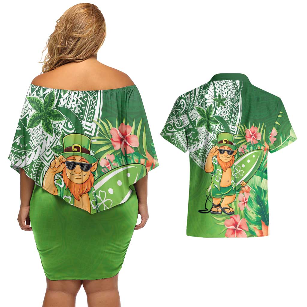 Aloha Hawaii St Patrick's Day Couples Matching Off Shoulder Short Dress and Hawaiian Shirt Polynesian Style