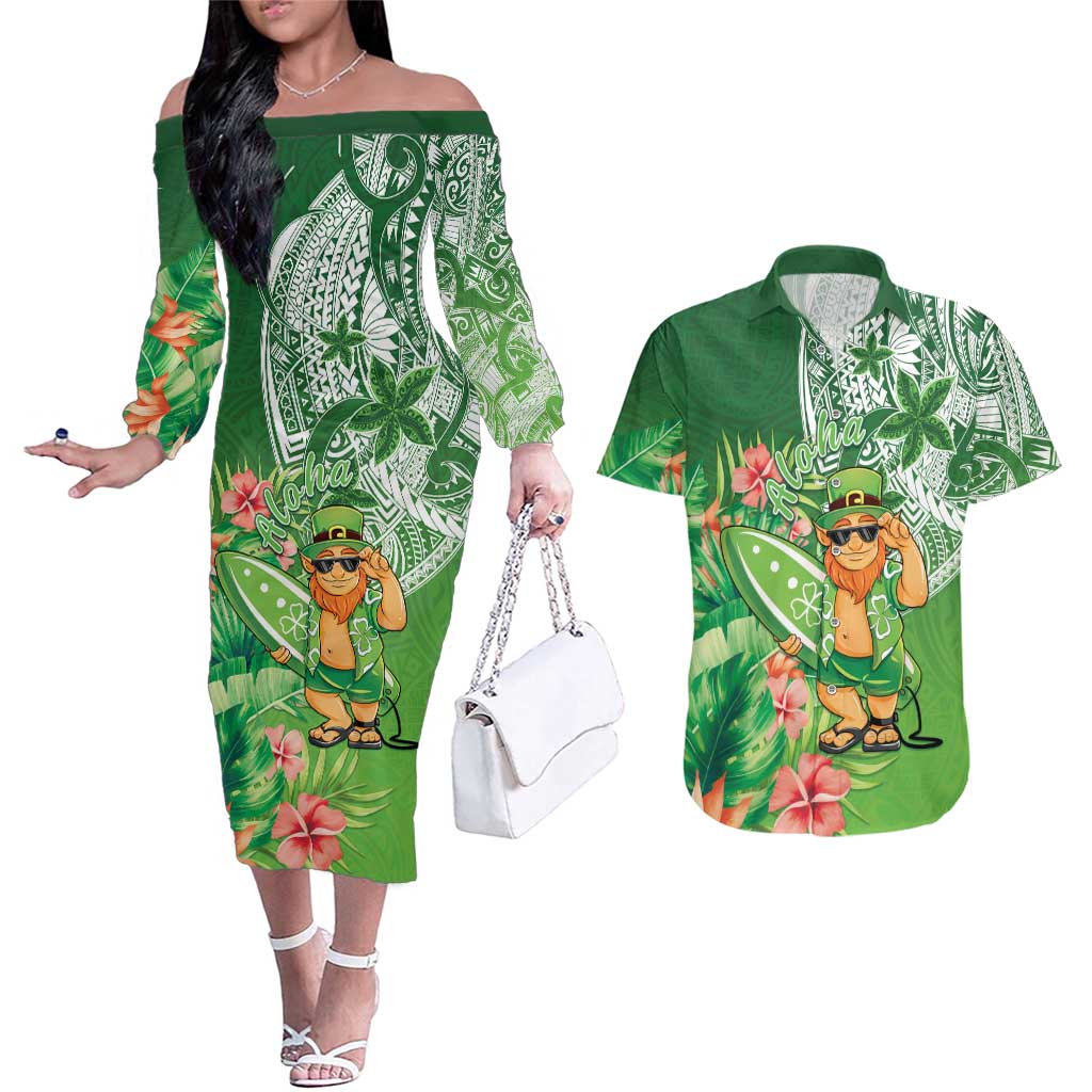 Aloha Hawaii St Patrick's Day Couples Matching Off The Shoulder Long Sleeve Dress and Hawaiian Shirt Polynesian Style LT05 Green - Polynesian Pride