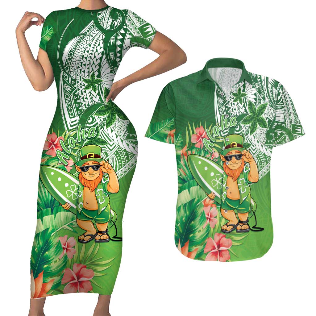 Aloha Hawaii St Patrick's Day Couples Matching Short Sleeve Bodycon Dress and Hawaiian Shirt Polynesian Style LT05 Green - Polynesian Pride