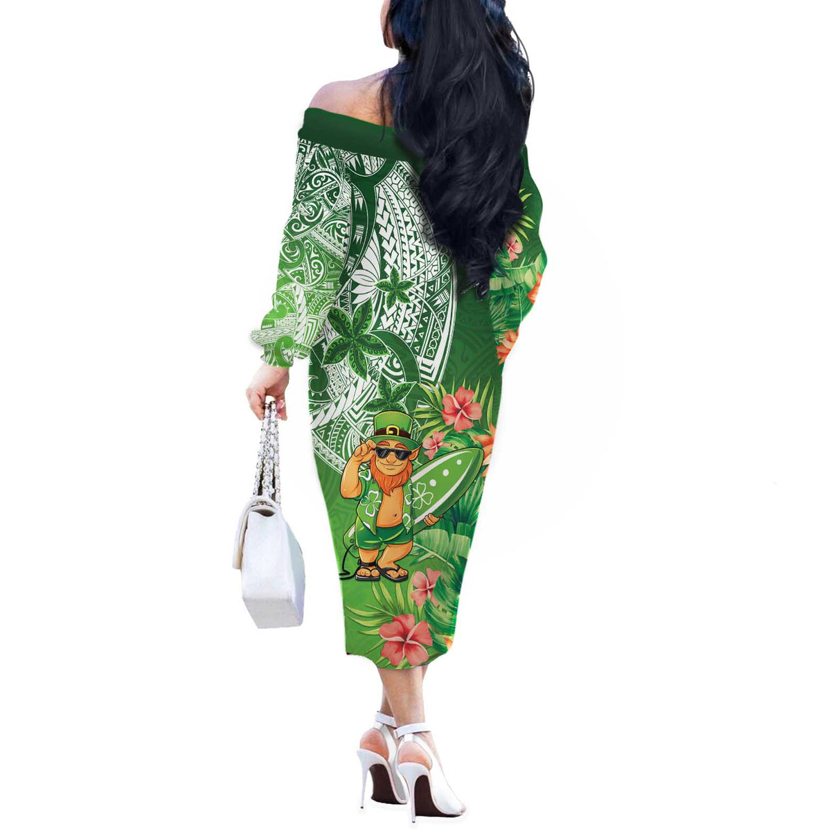 Aloha Hawaii St Patrick's Day Off The Shoulder Long Sleeve Dress Polynesian Style LT05 - Polynesian Pride