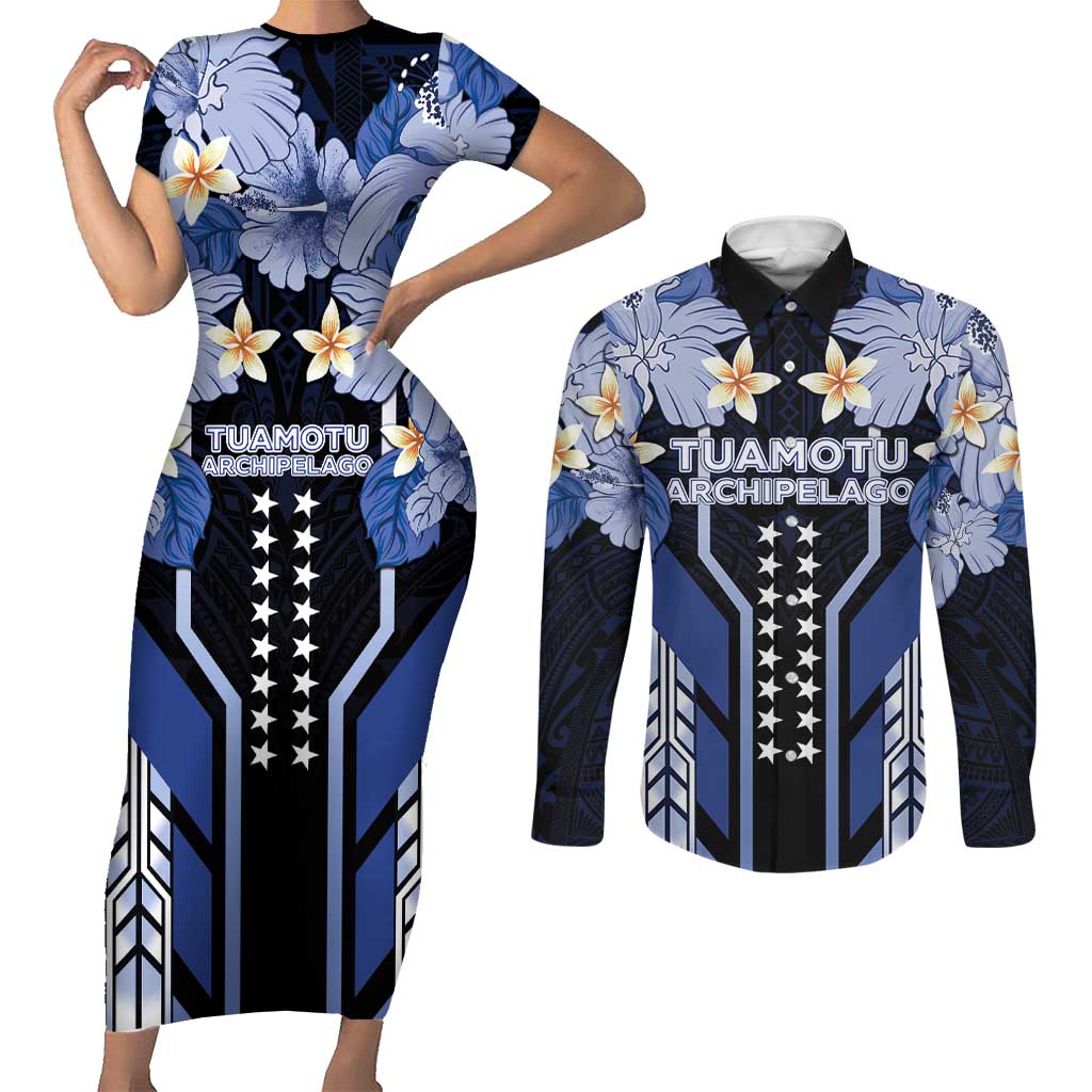 French Polynesia Tuamotu Archipelago Couples Matching Short Sleeve Bodycon Dress and Long Sleeve Button Shirt Polynesian Pattern Unique Style LT05 Navy - Polynesian Pride