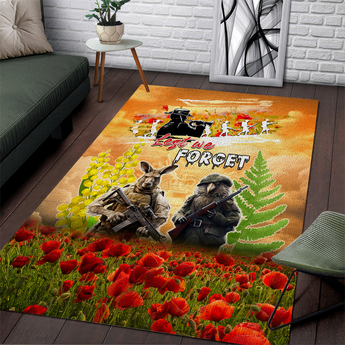 Australia And New Zealand ANZAC Day Area Rug Kangaroo And Kiwi Bird Soldiers Lest We Forget