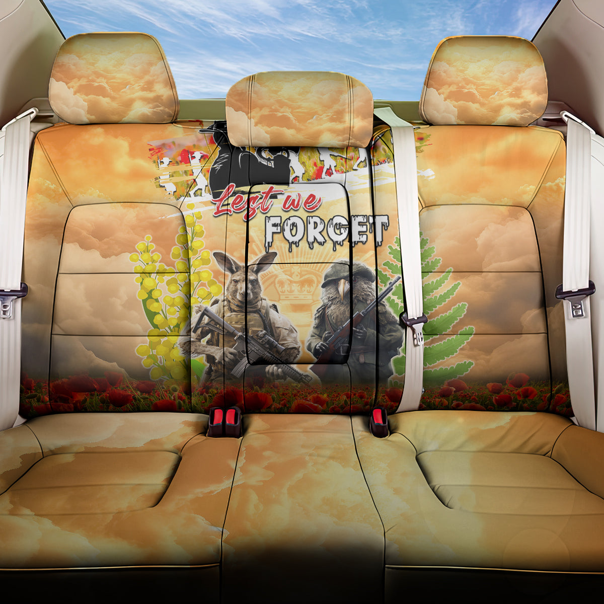 Australia And New Zealand ANZAC Day Back Car Seat Cover Kangaroo And Kiwi Bird Soldiers Lest We Forget LT05