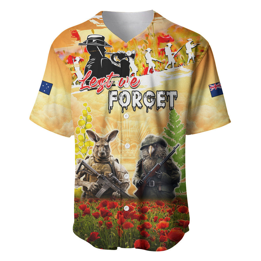 Australia And New Zealand ANZAC Day Baseball Jersey Kangaroo And Kiwi Bird Soldiers Lest We Forget LT05 Yellow - Polynesian Pride