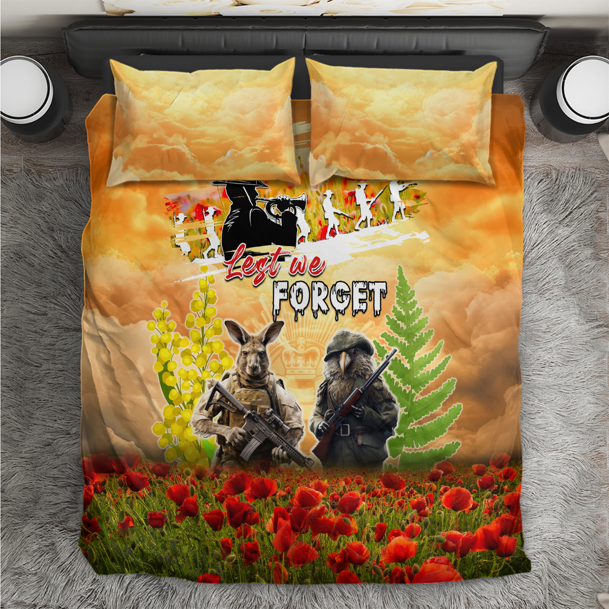 Australia And New Zealand ANZAC Day Bedding Set Kangaroo And Kiwi Bird Soldiers Lest We Forget