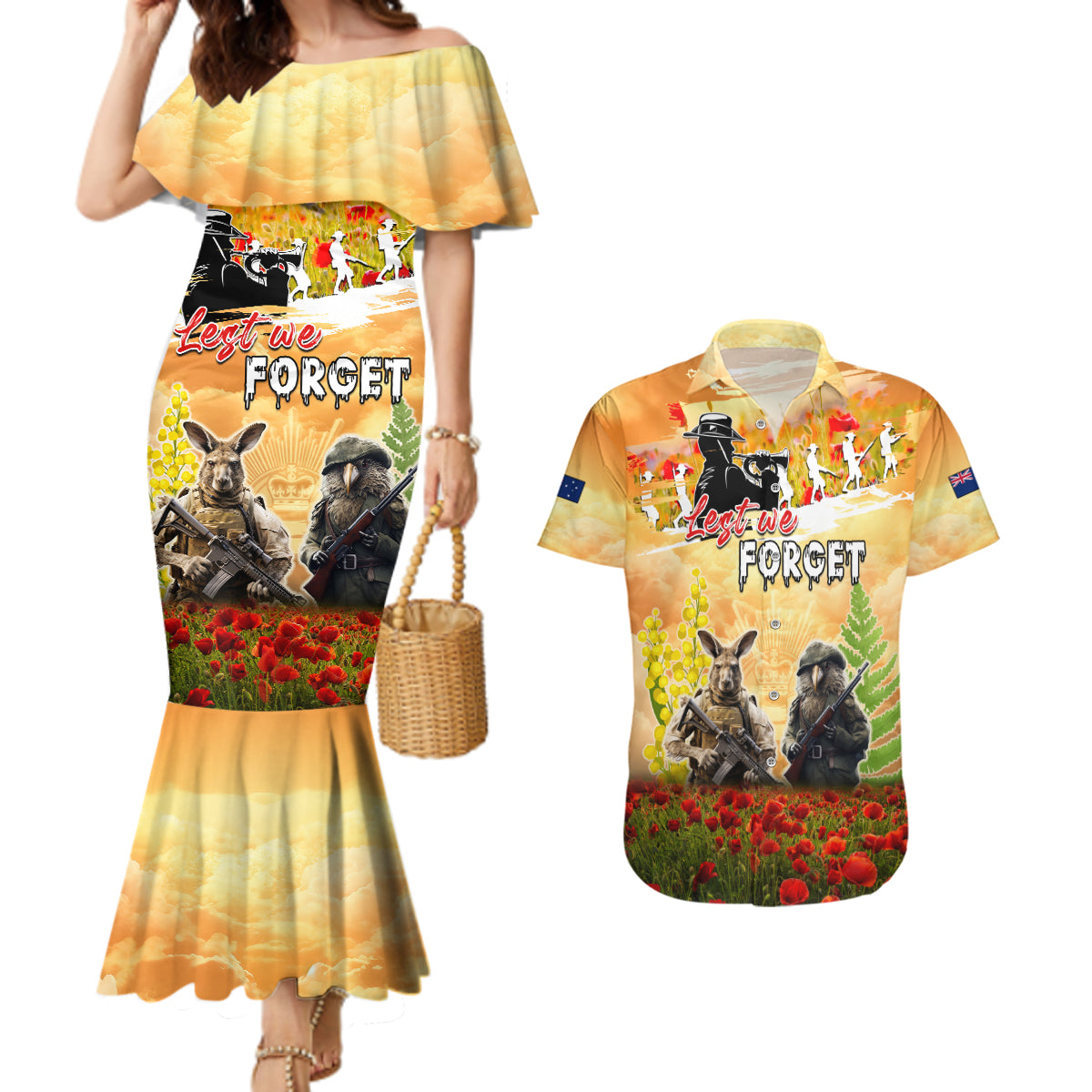 Australia And New Zealand ANZAC Day Couples Matching Mermaid Dress and Hawaiian Shirt Kangaroo And Kiwi Bird Soldiers Lest We Forget LT05 Yellow - Polynesian Pride